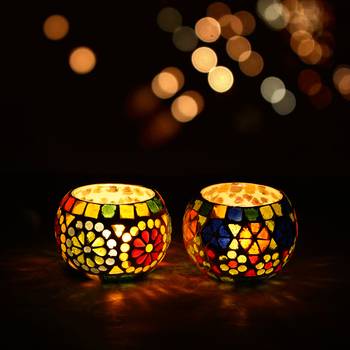 One set of 2 mosaic glass decorative tea light holder/diya 1