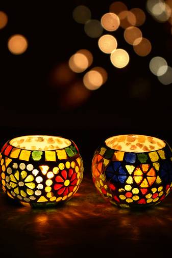 One set of 2 mosaic glass decorative tea light holder/diya
