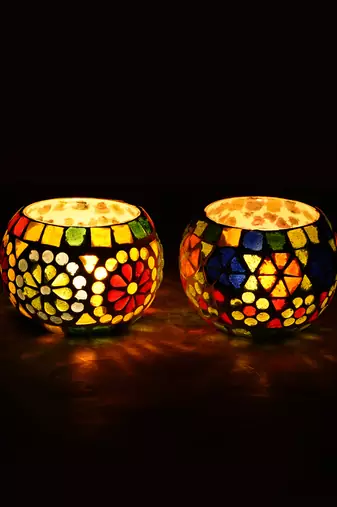 One set of 2 mosaic glass decorative tea light holder/diya