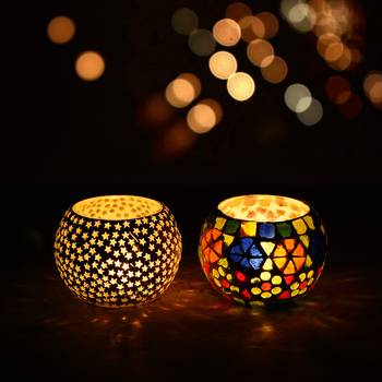 One set of 2 mosaic glass decorative tea light holder/diya 1