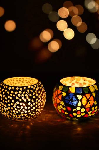 One set of 2 mosaic glass decorative tea light holder/diya