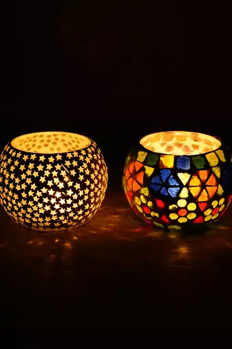 One set of 2 mosaic glass decorative tea light holder/diya