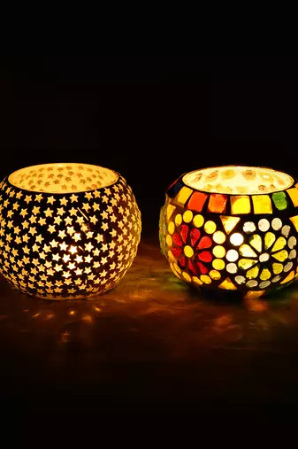 One set of 2 mosaic glass decorative tea light holder/diya