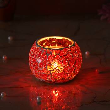 One red mosiac glass decorative tea light holder/diya 1