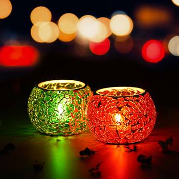 One red & green set of 2 mosiac glass decorative tea light holder/diya 1