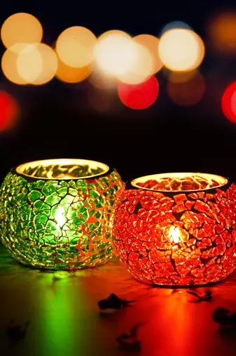 One red & green set of 2 mosiac glass decorative tea light holder/diya