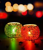 One red & green set of 2 mosiac glass decorative tea light holder/diya