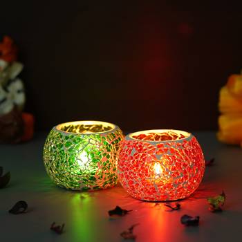 One red & green set of 2 mosiac glass decorative tea light holder/diya 2