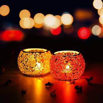 One yellow & red set of 2 mosiac glass decorative tea light holder/diya 1