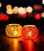 One yellow & red set of 2 mosiac glass decorative tea light holder/diya