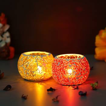One yellow & red set of 2 mosiac glass decorative tea light holder/diya 2
