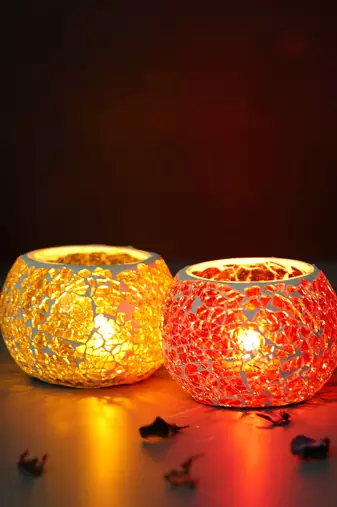 One yellow & red set of 2 mosiac glass decorative tea light holder/diya