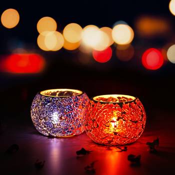 One purple & red set of 2 mosiac glass decorative tea light holder/diya 1