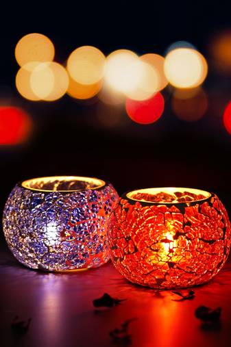 One purple & red set of 2 mosiac glass decorative tea light holder/diya