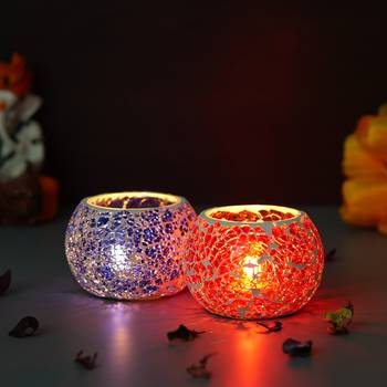 One purple & red set of 2 mosiac glass decorative tea light holder/diya 2