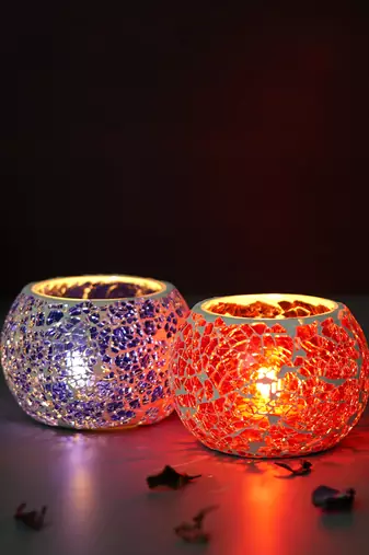 One purple & red set of 2 mosiac glass decorative tea light holder/diya
