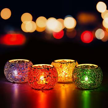 One purple, red, yellow & green set of 4 mosiac glass decorative tea light holder/diya 1