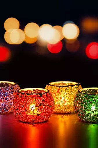 One purple, red, yellow & green set of 4 mosiac glass decorative tea light holder/diya