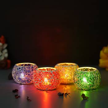 One purple, red, yellow & green set of 4 mosiac glass decorative tea light holder/diya 2
