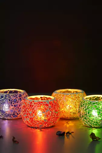 One purple, red, yellow & green set of 4 mosiac glass decorative tea light holder/diya