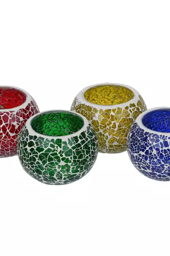 One purple, red, yellow & green set of 4 mosiac glass decorative tea light holder/diya