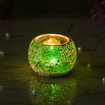 One green mosiac glass decorative tea light holder/diya 1