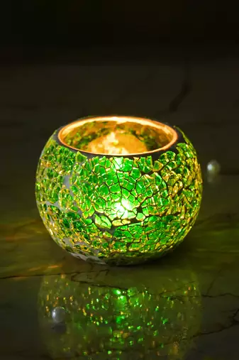 One green mosiac glass decorative tea light holder/diya