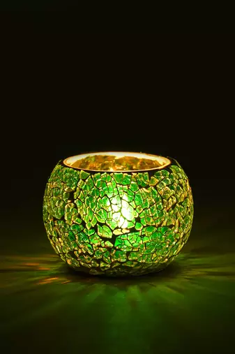 One green mosiac glass decorative tea light holder/diya