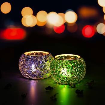 One purple & green set of 2 mosiac glass decorative tea light holder/diya 1