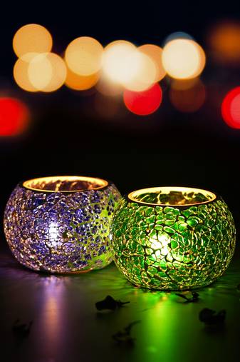 One purple & green set of 2 mosiac glass decorative tea light holder/diya