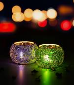 One purple & green set of 2 mosiac glass decorative tea light holder/diya