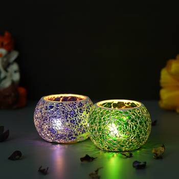 One purple & green set of 2 mosiac glass decorative tea light holder/diya 2