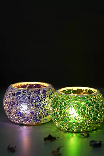 One purple & green set of 2 mosiac glass decorative tea light holder/diya