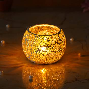 One yellow mosiac glass decorative tea light holder/diya 1