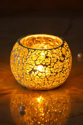 One yellow mosiac glass decorative tea light holder/diya
