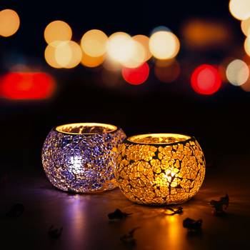 One purple & yellow set of 2 mosiac glass decorative tea light holder/diya 1
