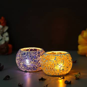 One purple & yellow set of 2 mosiac glass decorative tea light holder/diya 2