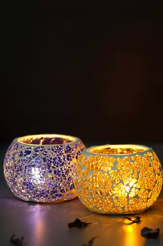 One purple & yellow set of 2 mosiac glass decorative tea light holder/diya
