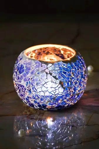 One blue mosiac glass decorative tea light holder/diya