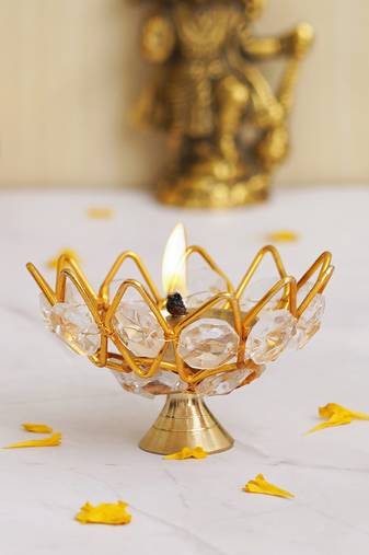 One lotus shape crystal golden brass diya
