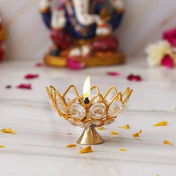 One lotus shape crystal golden brass diya 2