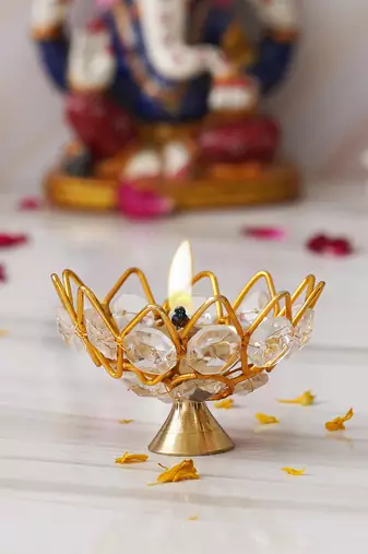 One lotus shape crystal golden brass diya