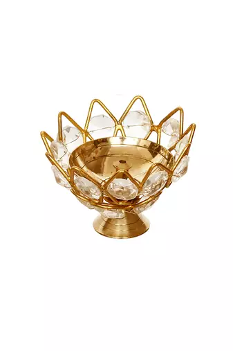 One lotus shape crystal golden brass diya