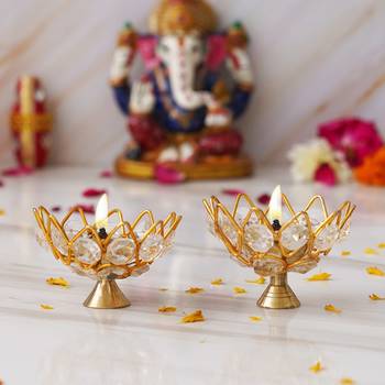 One set of 2 lotus shape crystal golden brass diyas 1
