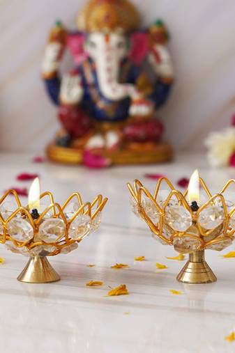 One set of 2 lotus shape crystal golden brass diyas