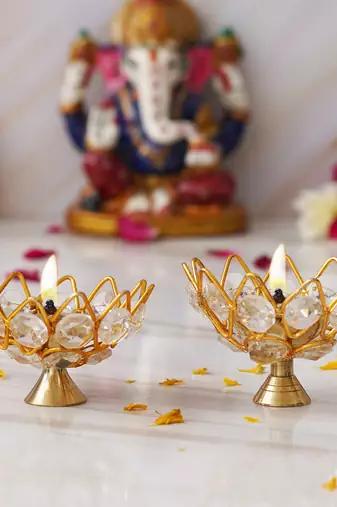 One set of 2 lotus shape crystal golden brass diyas