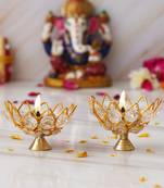 One set of 2 lotus shape crystal golden brass diyas