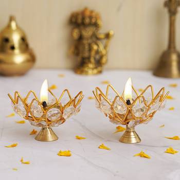 One set of 2 lotus shape crystal golden brass diyas 2