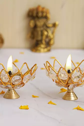 One set of 2 lotus shape crystal golden brass diyas