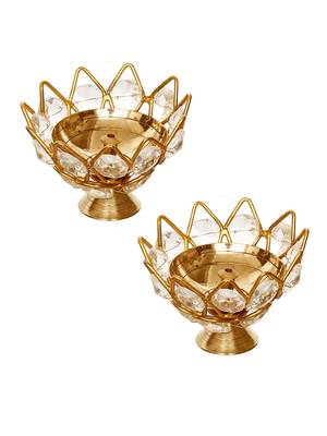 One set of 2 lotus shape crystal golden brass diyas 3